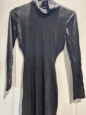 Women's Black Long-Sleeve Suede Turtleneck Dress